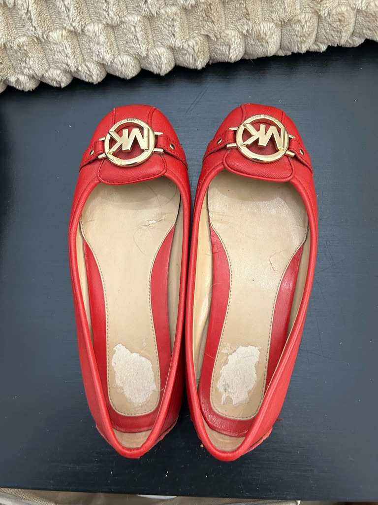 Michael Kors Red Leather Logo Ballet Flats With Gold Mk Emblem
